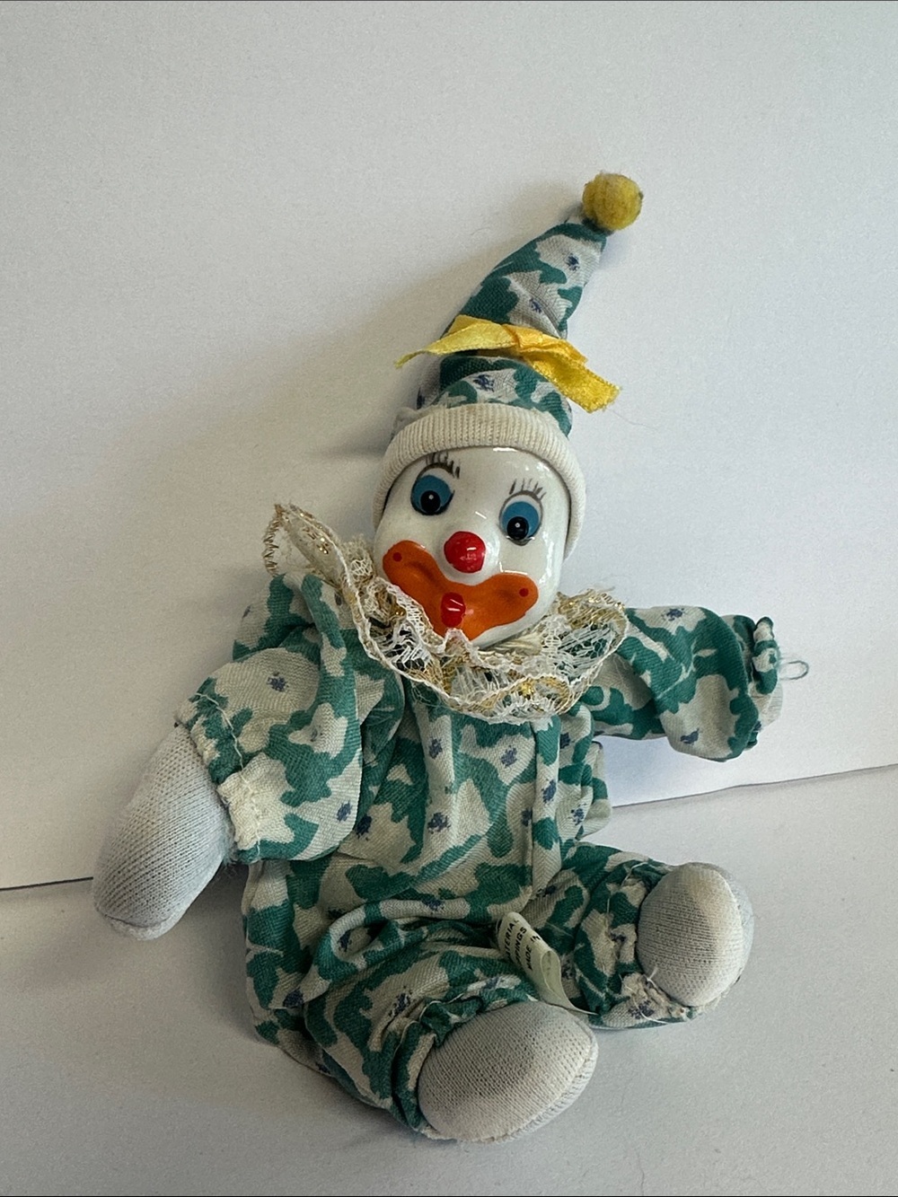 Vintage Teal Floral Clown Doll with Yellow Hat Pom